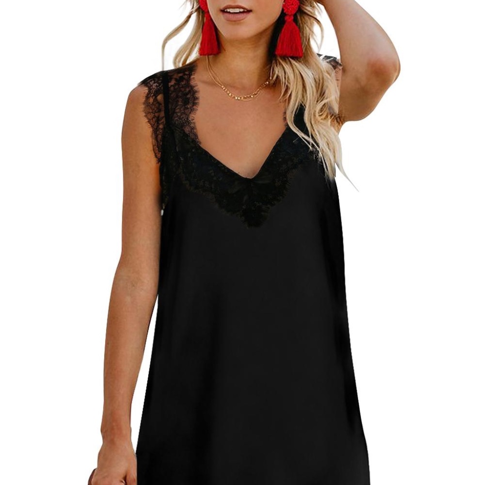 Black V-Neck Lace Shoulder Mini Dress